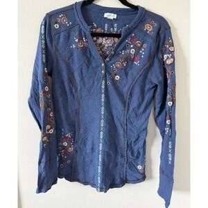 Sundance Fayette Floral Henley Top M Blue Embroidered Boho V Neck